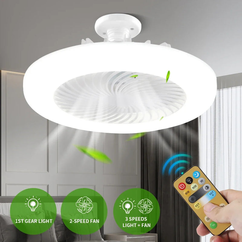 Ventilador de teto com luz led - saída tipo soquete - para encaixa na entrada da lâmpada - controle remoto inteligente e economia de energia