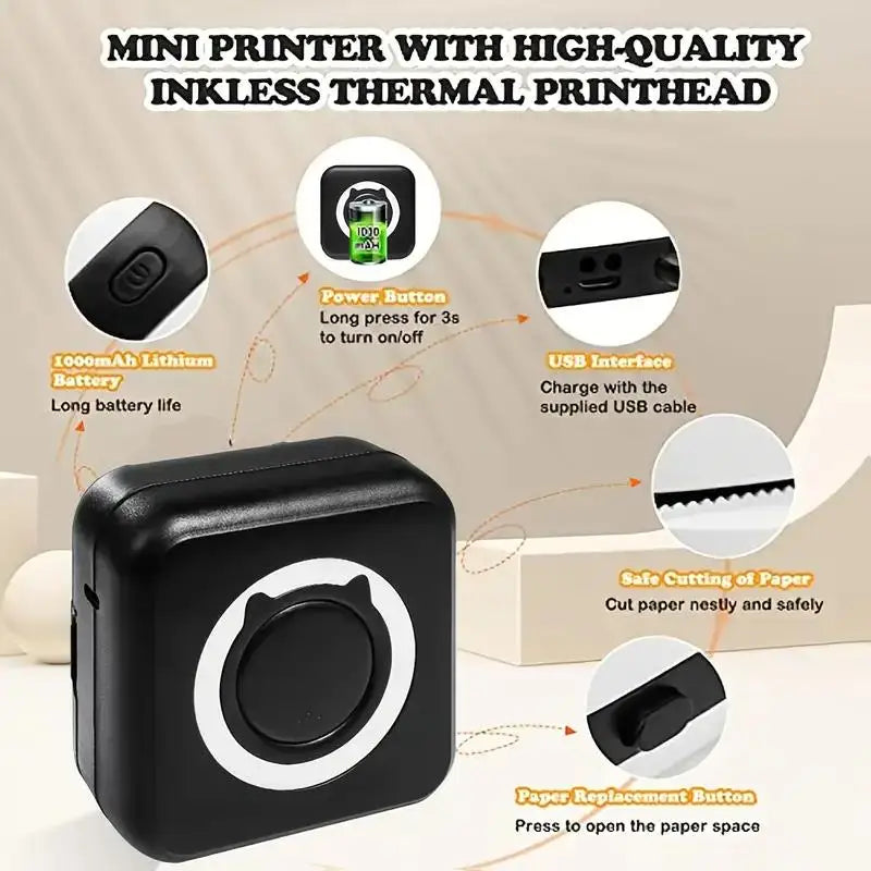 Impressora Térmica Portátil Mini - Imprime Fotos, Etiquetas e Memos Sem Fio com Conexão Bluetooth e Cabo USB