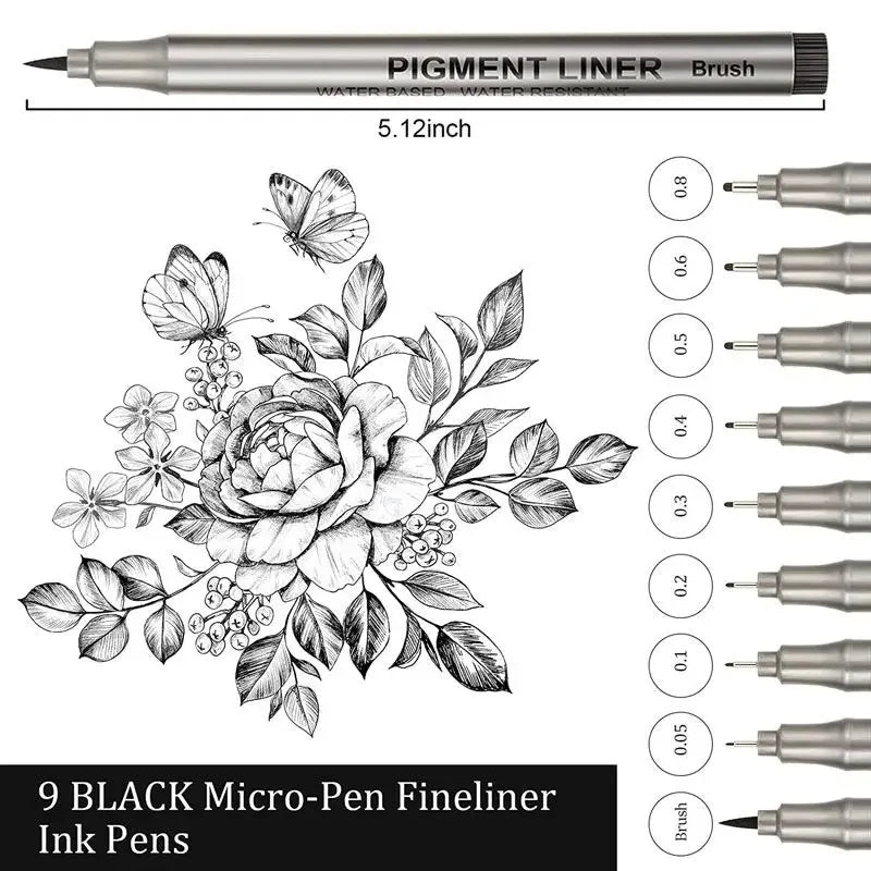 Conjunto de 9 Canetas Profissionais Pigment Liner Micron para Desenho, Sketch, Quadrinhos e Pintura