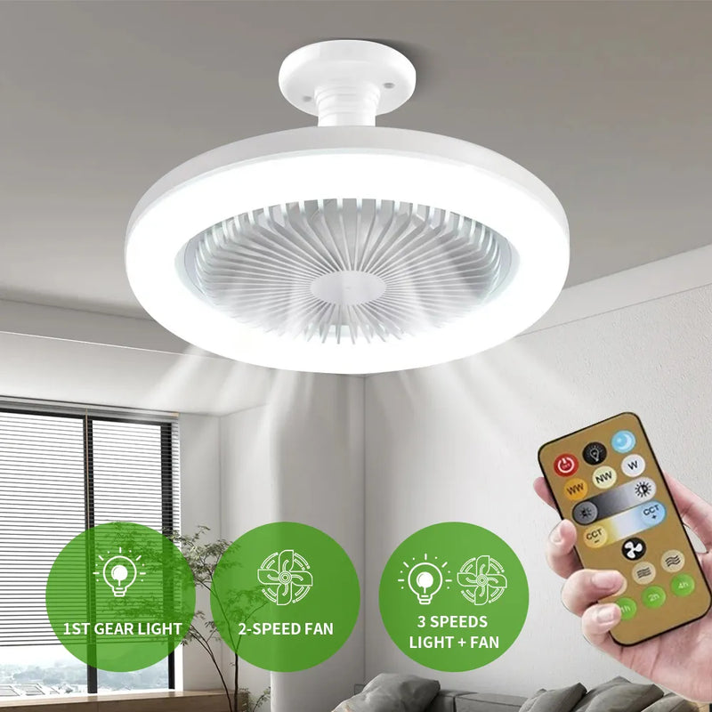 Ventiladores de teto com controle remoto e luz LED Ventilador de lâmpada E27 Base conversora inteligente e silencioso - para quarto e sala de estar