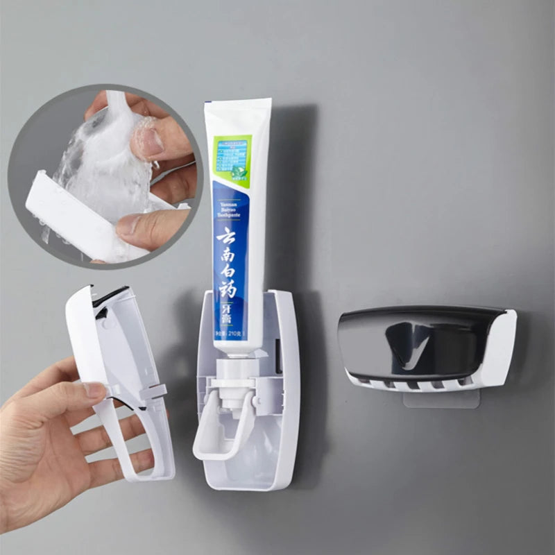 Conjunto de 2 Dispensadores Automáticos de Pasta de Dentes com Suporte para Escova de Dentes à Prova de Poeira Montado na Parede, Conjunto de Acessórios para Banheiro com Espremedor