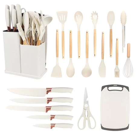 Jogo de Cozinha Kit C/12 e 19 Peças Utensílios de Cozinha em Silicone e Cabo de Madeira Antiaderentes