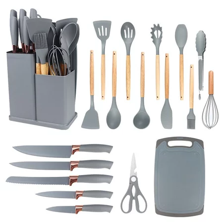 Jogo de Cozinha Kit C/12 e 19 Peças Utensílios de Cozinha em Silicone e Cabo de Madeira Antiaderentes