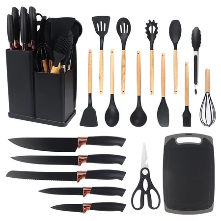 Jogo de Cozinha Kit C/12 e 19 Peças Utensílios de Cozinha em Silicone e Cabo de Madeira Antiaderentes