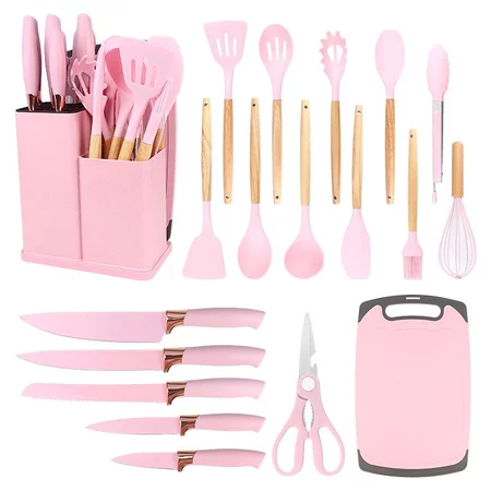 Jogo de Cozinha Kit C/12 e 19 Peças Utensílios de Cozinha em Silicone e Cabo de Madeira Antiaderentes