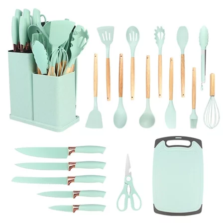 Jogo de Cozinha Kit C/12 e 19 Peças Utensílios de Cozinha em Silicone e Cabo de Madeira Antiaderentes