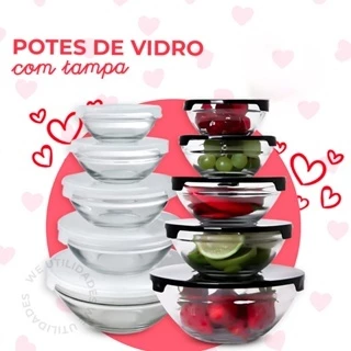 Kit com 5 Potes de Vidro Redondos Herméticos - Organizador Resistente para Armazenamento