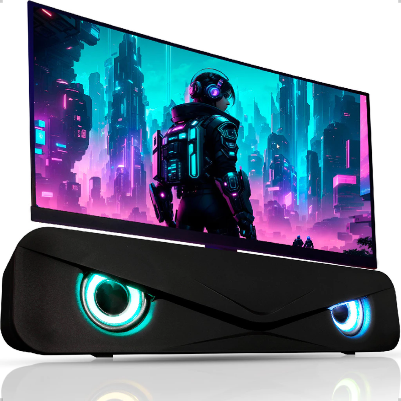 Caixa de Som Soundbar RGB para PC/TV - Subwoofer Integrado, LED Colorido e Controle Remoto