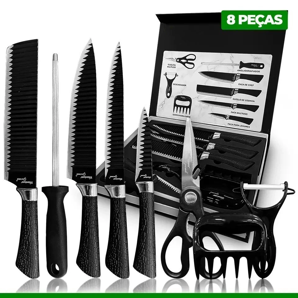 Kit de Facas Chef Profissional com 8 Peças - LâminaMaxMBX™ - Ideal para Cozinha e Churrasco, Alta Qualidade