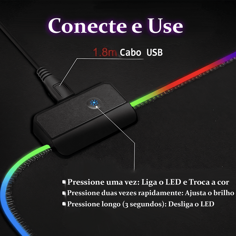 Mouse Pad Gamer Profissional 80x30cm - LED RGB 7 Cores, Superfície Speed e Base Antiderrapante