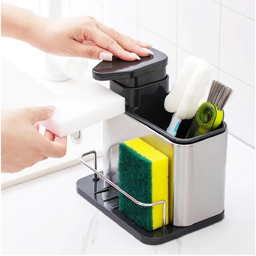 Porta Detergente e Dispenser de Sabão Líquido em Inox CleanSpace™ - Ideal para Esponja e Bucha