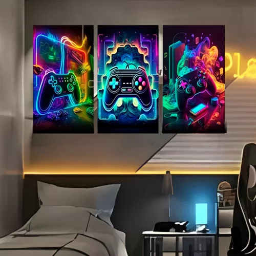 Quadro LED Neon Game – Arte Gamer 3D com Iluminação (3 Peças)