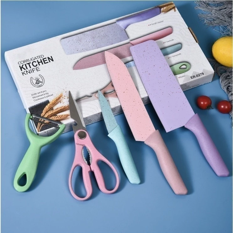 Kit Gourmet com 6 Peças - Facas Coloridas Antiaderentes, Tesoura e Descascador para Cozinha Prática