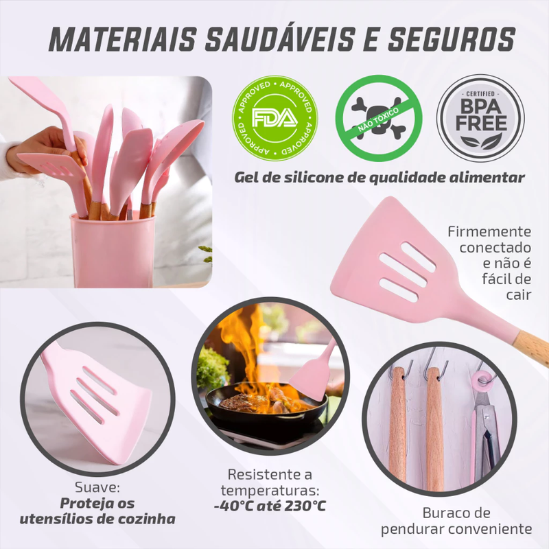 Jogo de Cozinha Kit C/12 e 19 Peças Utensílios de Cozinha em Silicone e Cabo de Madeira Antiaderentes