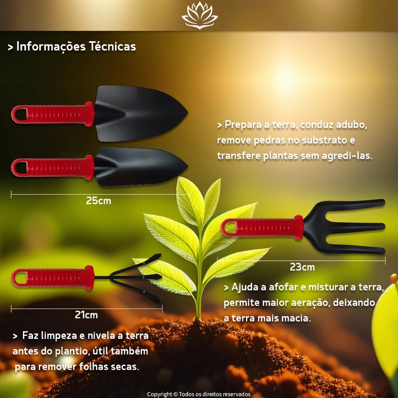 Kit Completo de Ferramentas para Jardinagem  Lótus™ – Pás, Garfo, Ancinho, Pulverizador e Tesoura de Poda