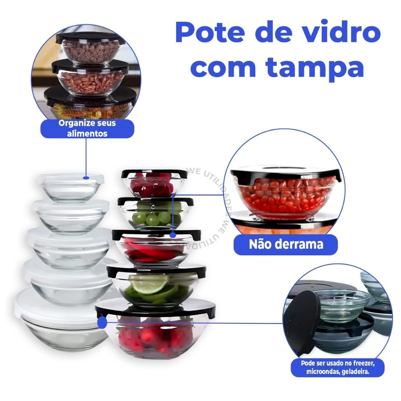 Kit com 5 Potes de Vidro Redondos Herméticos - Organizador Resistente para Armazenamento