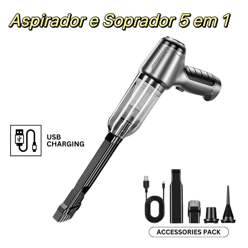 Aspirador e Soprador Portátil 5 em 1 - 1200W, Bateria Recarregável e Acessórios