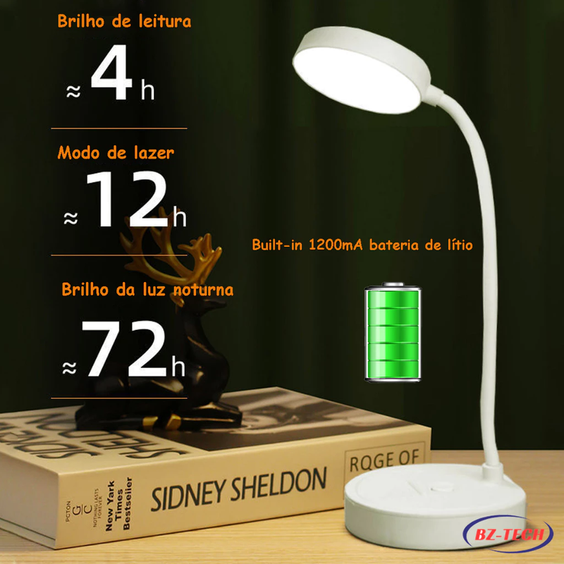 Luminária de Mesa LED Recarregável - Abajur Touch com Haste Flexível, Ideal para Estudo e Uso Sem Fio