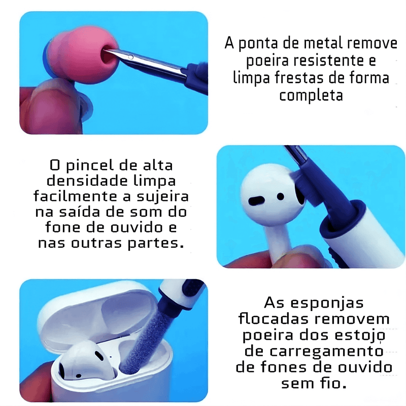 Kit de Limpeza 5 em 1 SoundClean™ - Escova para Fones de Ouvido, Caneta Multi-Função para Headset, AirPods e Teclado