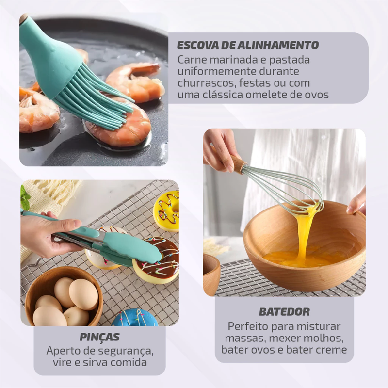 Jogo de Cozinha Kit C/12 e 19 Peças Utensílios de Cozinha em Silicone e Cabo de Madeira Antiaderentes