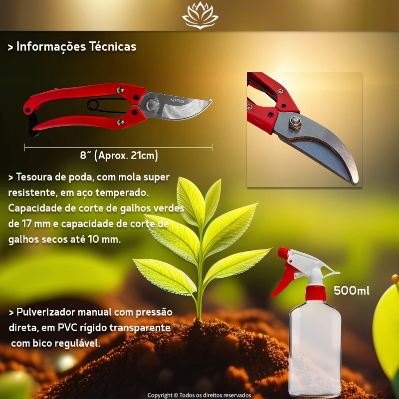 Kit Completo de Ferramentas para Jardinagem  Lótus™ – Pás, Garfo, Ancinho, Pulverizador e Tesoura de Poda