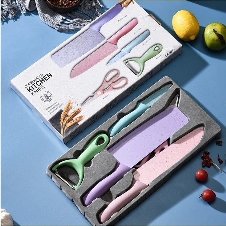 Kit Gourmet com 6 Peças - Facas Coloridas Antiaderentes, Tesoura e Descascador para Cozinha Prática