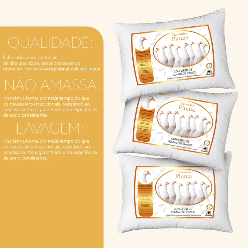 Kit com 2 Travesseiros de Pluma de Ganso – Conforto e Proteção Antialérgica 70x50cm