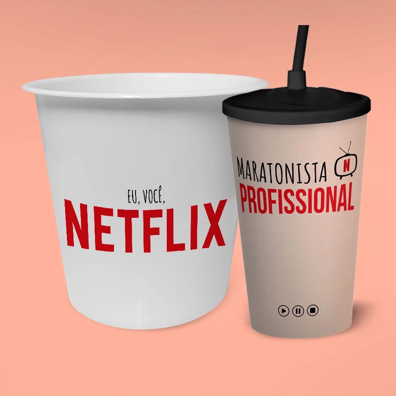 Kit Maratona Premium para Cinema em Casa - Balde de Pipoca + Copo Reutilizável - Presente para Maratonista de Filmes
