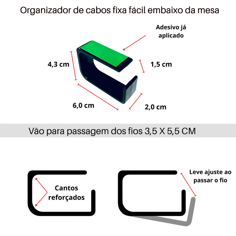 Kit Organizador de Cabos para Mesa - Esconde Fios de PC/Notebook (Home Office e Gamer)