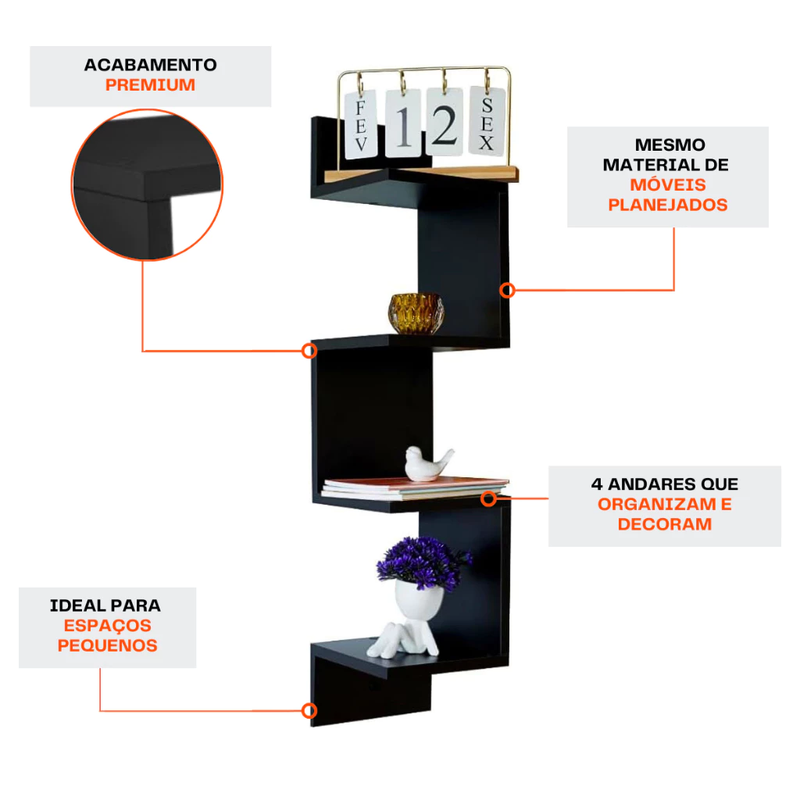 Prateleira de Canto Vertical em MDF - Estante Organizadora para Livros, Decoração e Objetos - Quarto, Banheiro ou Escritório