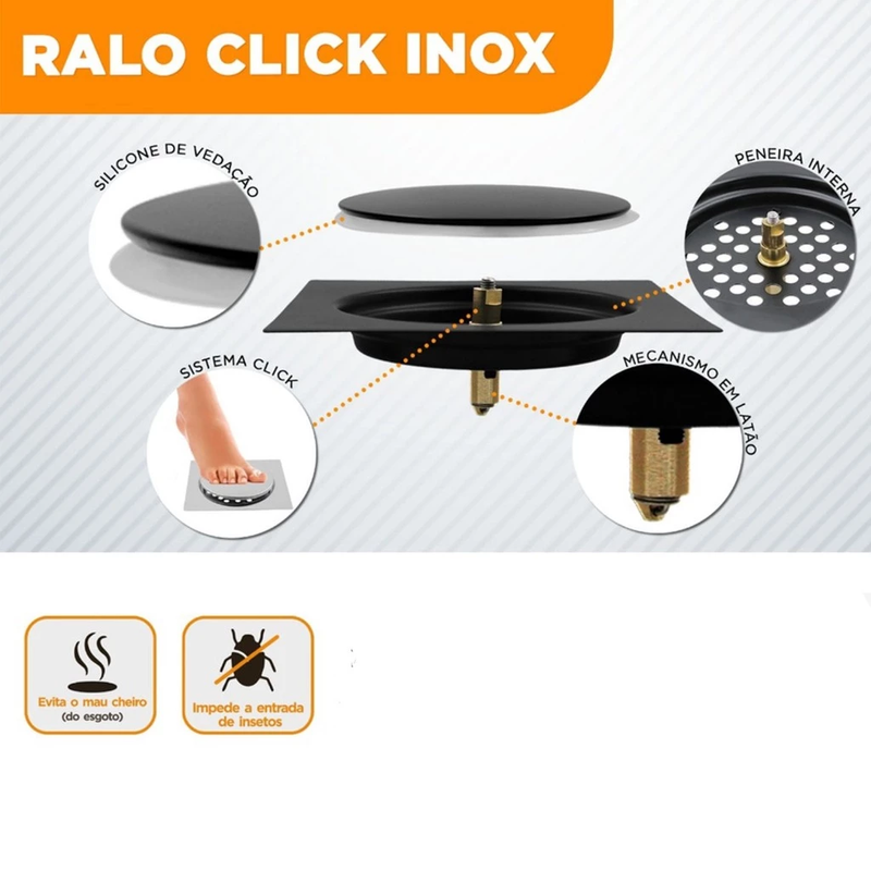 Kit de Ralo Inteligente Click em Inox - Tamanhos 10x10 cm e 15x15 cm para Banheiro e Lavabo, Veda Cheiro