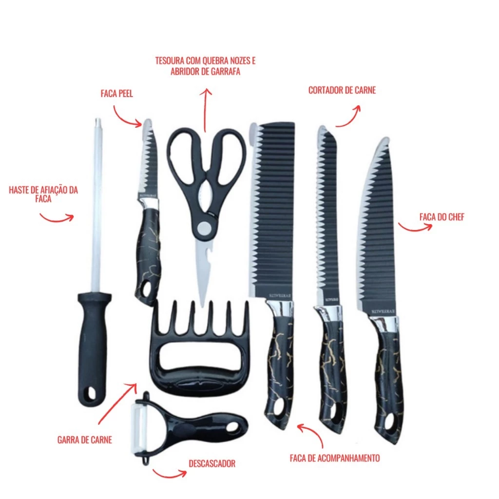 Kit de Facas Chef Profissional com 8 Peças - LâminaMaxMBX™ - Ideal para Cozinha e Churrasco, Alta Qualidade