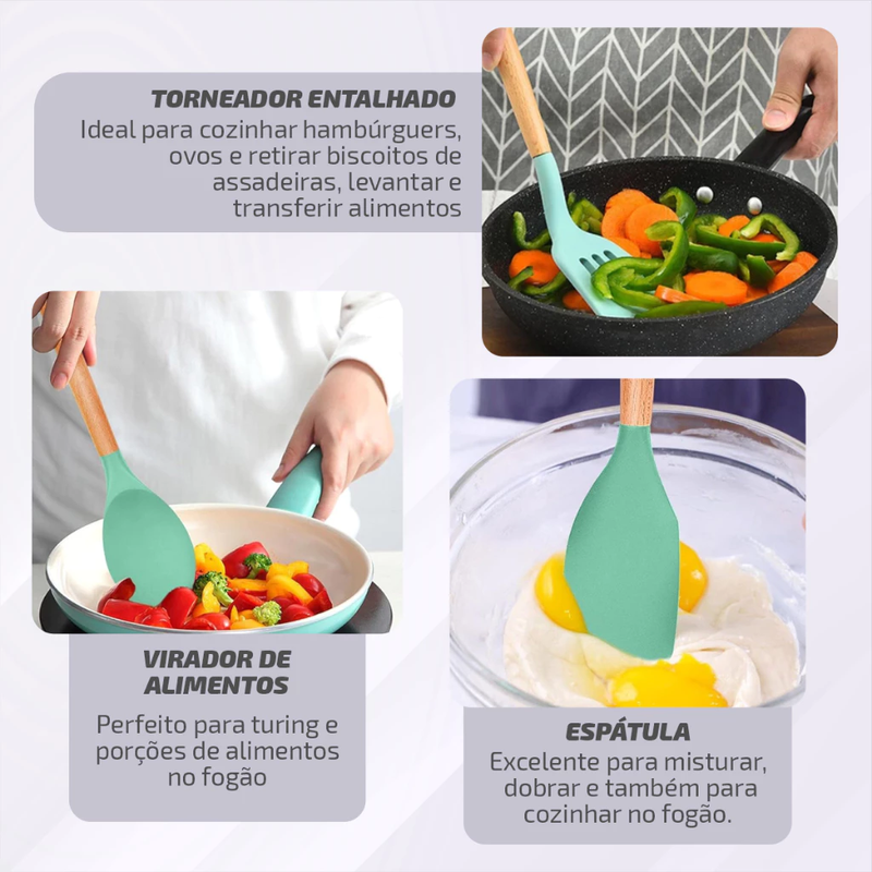 Jogo de Cozinha Kit C/12 e 19 Peças Utensílios de Cozinha em Silicone e Cabo de Madeira Antiaderentes