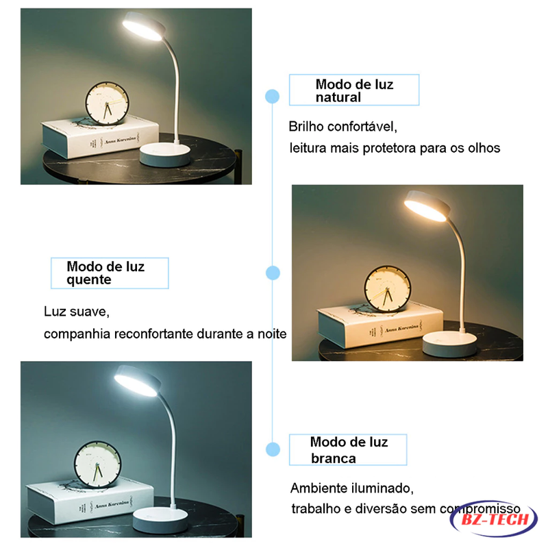 Luminária de Mesa LED Recarregável - Abajur Touch com Haste Flexível, Ideal para Estudo e Uso Sem Fio