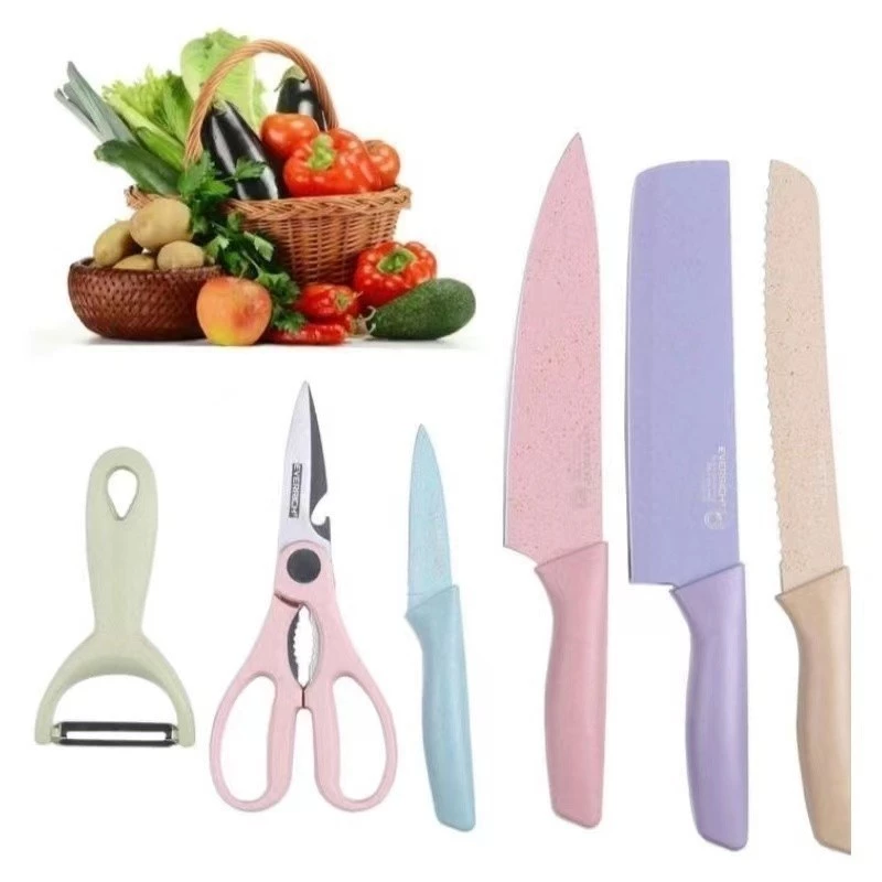 Kit Gourmet com 6 Peças - Facas Coloridas Antiaderentes, Tesoura e Descascador para Cozinha Prática