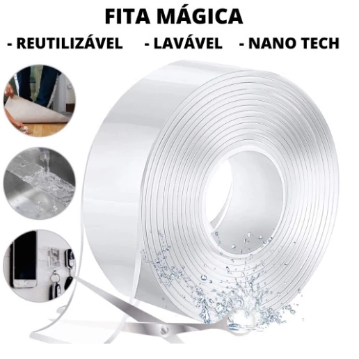 Fita Dupla Face Transparente Extra Forte NanoGel Silicone Adesiva - Fixação Mágica para Paredes, Móveis e Portas