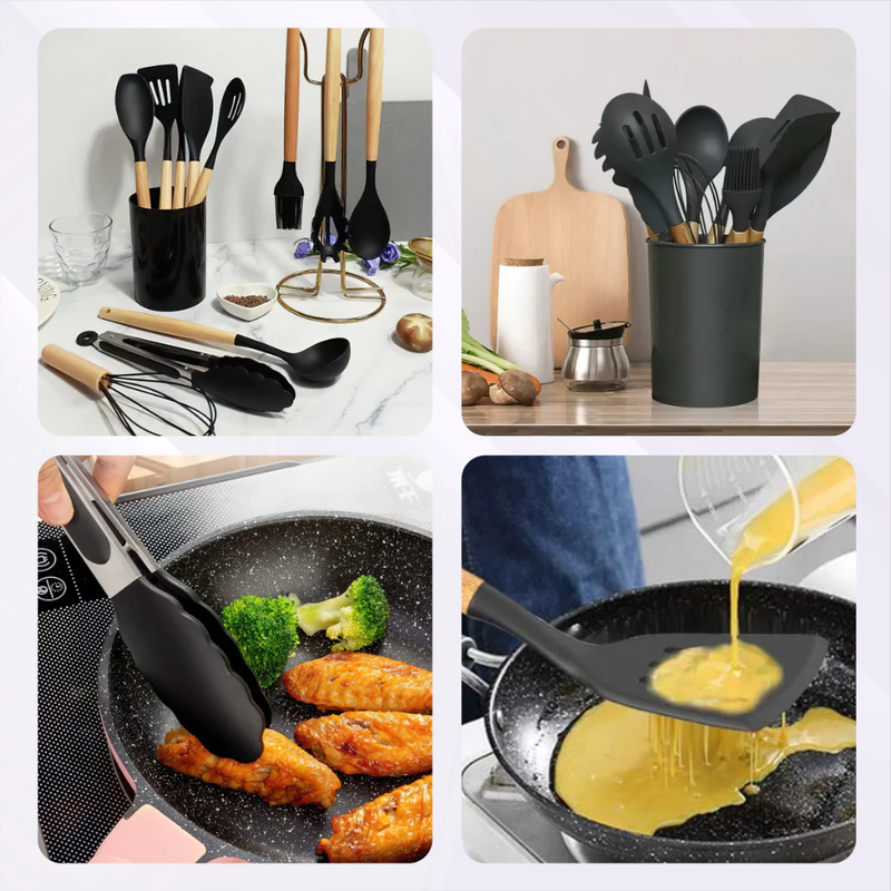 Jogo de Cozinha Kit C/12 e 19 Peças Utensílios de Cozinha em Silicone e Cabo de Madeira Antiaderentes