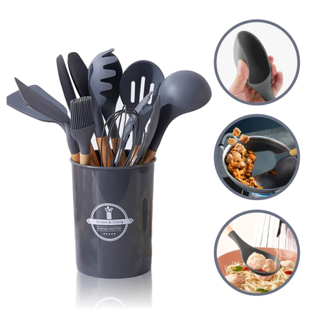 Jogo de Cozinha Kit C/12 e 19 Peças Utensílios de Cozinha em Silicone e Cabo de Madeira Antiaderentes