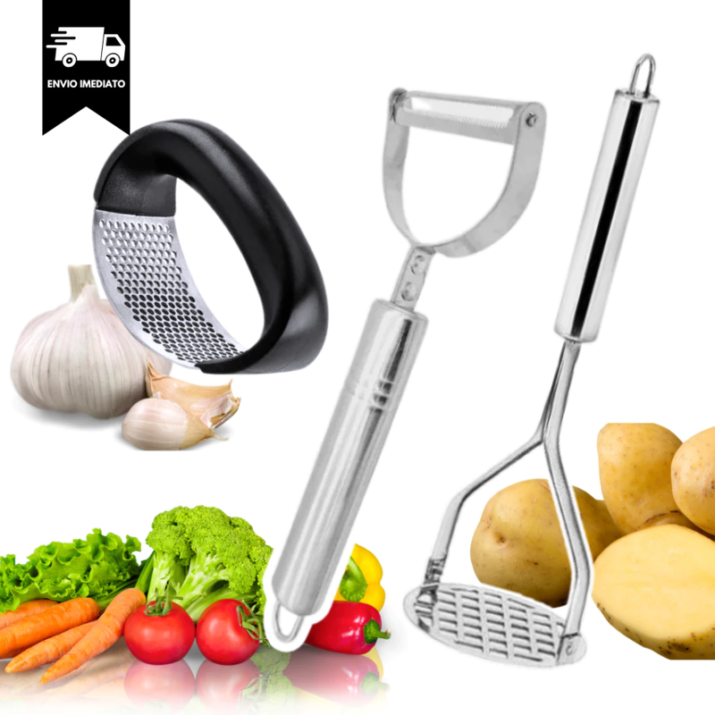 Kit de Utensílios de Cozinha em Inox - Amassador de Batata, Descascador de Legumes e Amassador de Alho