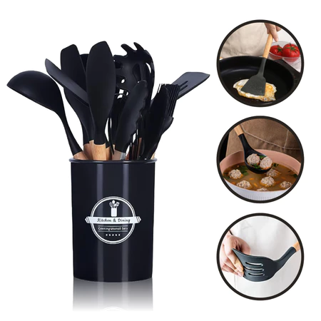 Jogo de Cozinha Kit C/12 e 19 Peças Utensílios de Cozinha em Silicone e Cabo de Madeira Antiaderentes