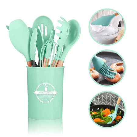 Jogo de Cozinha Kit C/12 e 19 Peças Utensílios de Cozinha em Silicone e Cabo de Madeira Antiaderentes