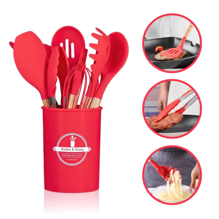 Jogo de Cozinha Kit C/12 e 19 Peças Utensílios de Cozinha em Silicone e Cabo de Madeira Antiaderentes