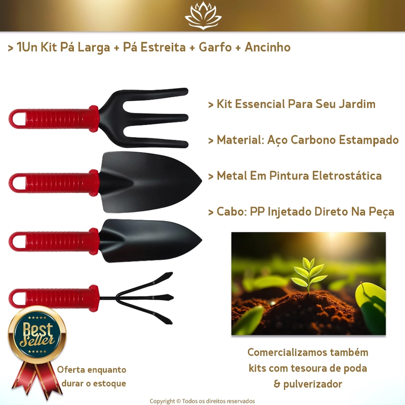 Kit Completo de Ferramentas para Jardinagem  Lótus™ – Pás, Garfo, Ancinho, Pulverizador e Tesoura de Poda