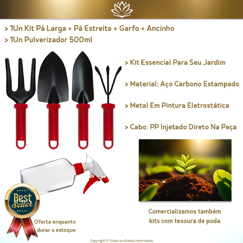 Kit Completo de Ferramentas para Jardinagem  Lótus™ – Pás, Garfo, Ancinho, Pulverizador e Tesoura de Poda