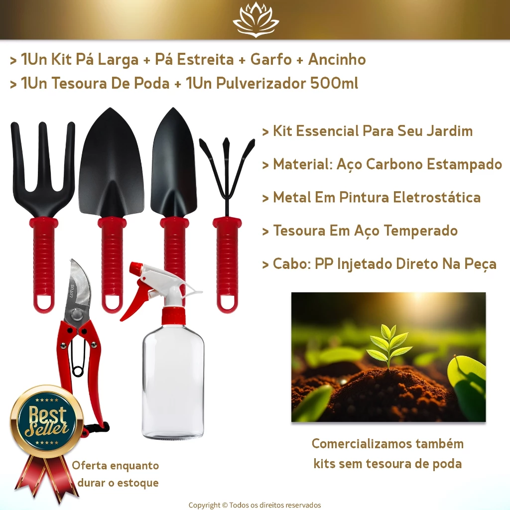 Kit Completo de Ferramentas para Jardinagem  Lótus™ – Pás, Garfo, Ancinho, Pulverizador e Tesoura de Poda